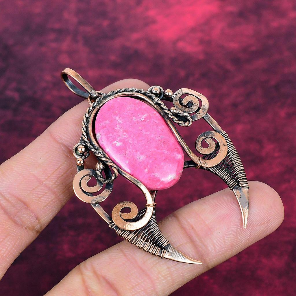 Thulite Gemstone Pendant Handmade Copper Wire Wrapped Jewelry Antique Pendant