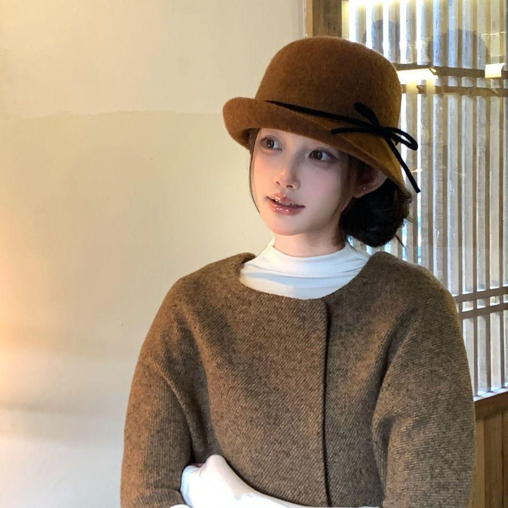 Elegant Woolen Bucket Hat Bowknot Wool Fisherman Hat Retro Hepburn Style Topper Hat Outdoor