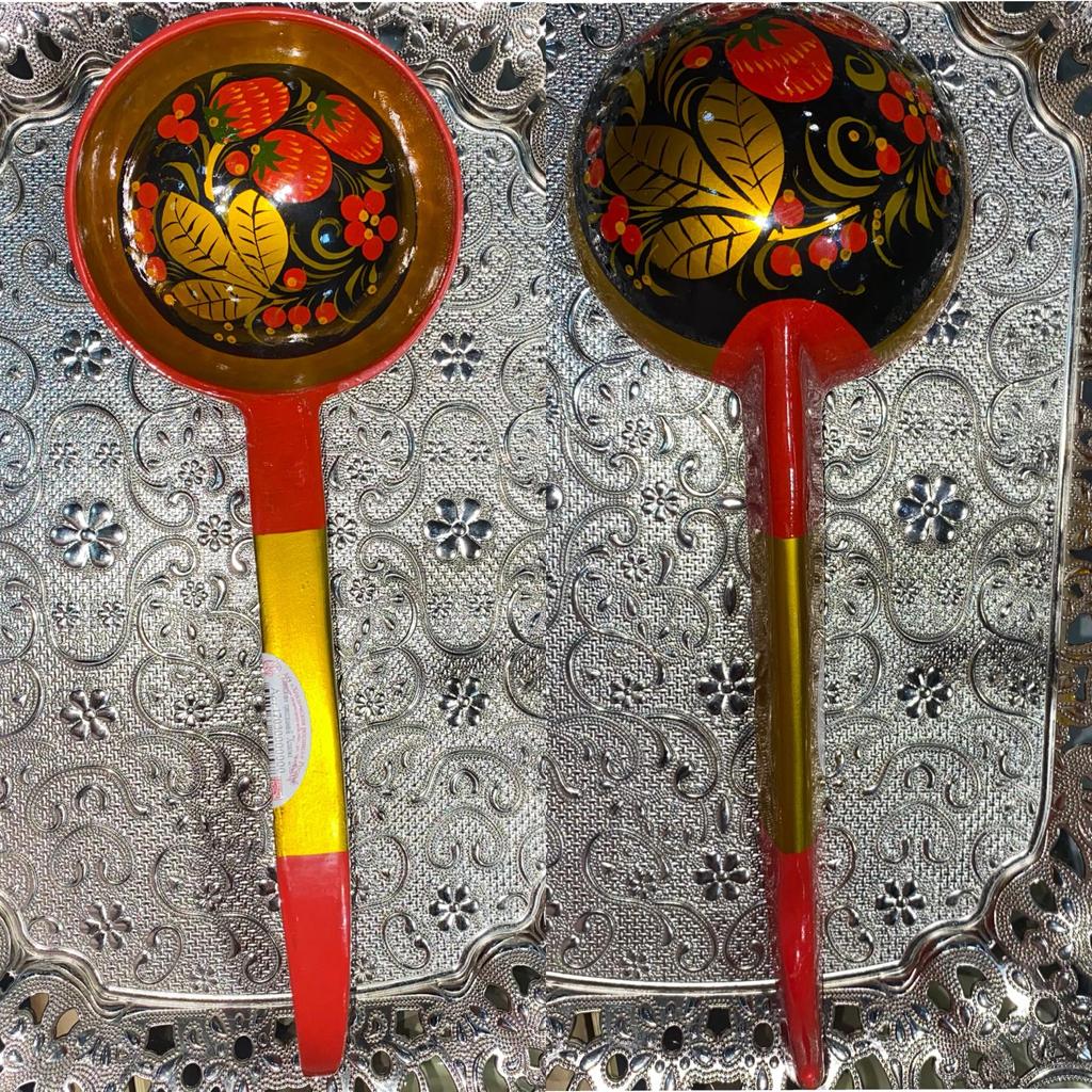 Handmade Russian Painted Wooden Dessert Spoon with Floral Design