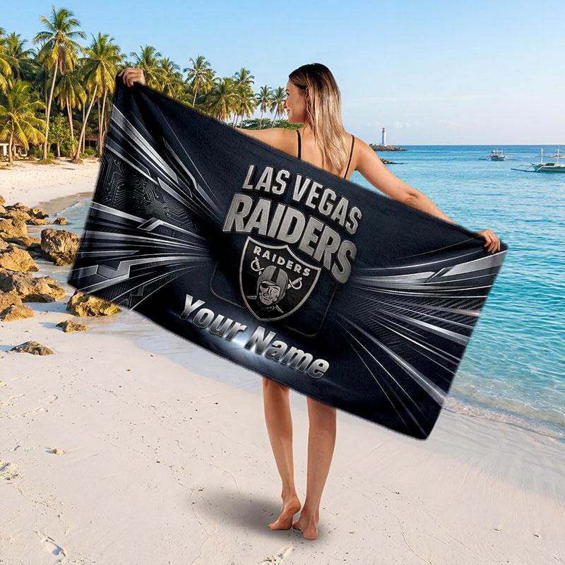 Las Vegas Raiders Customized Name Text Beach Towel, Soft Absorbent Towel Beach Pool Travel Personal Gift