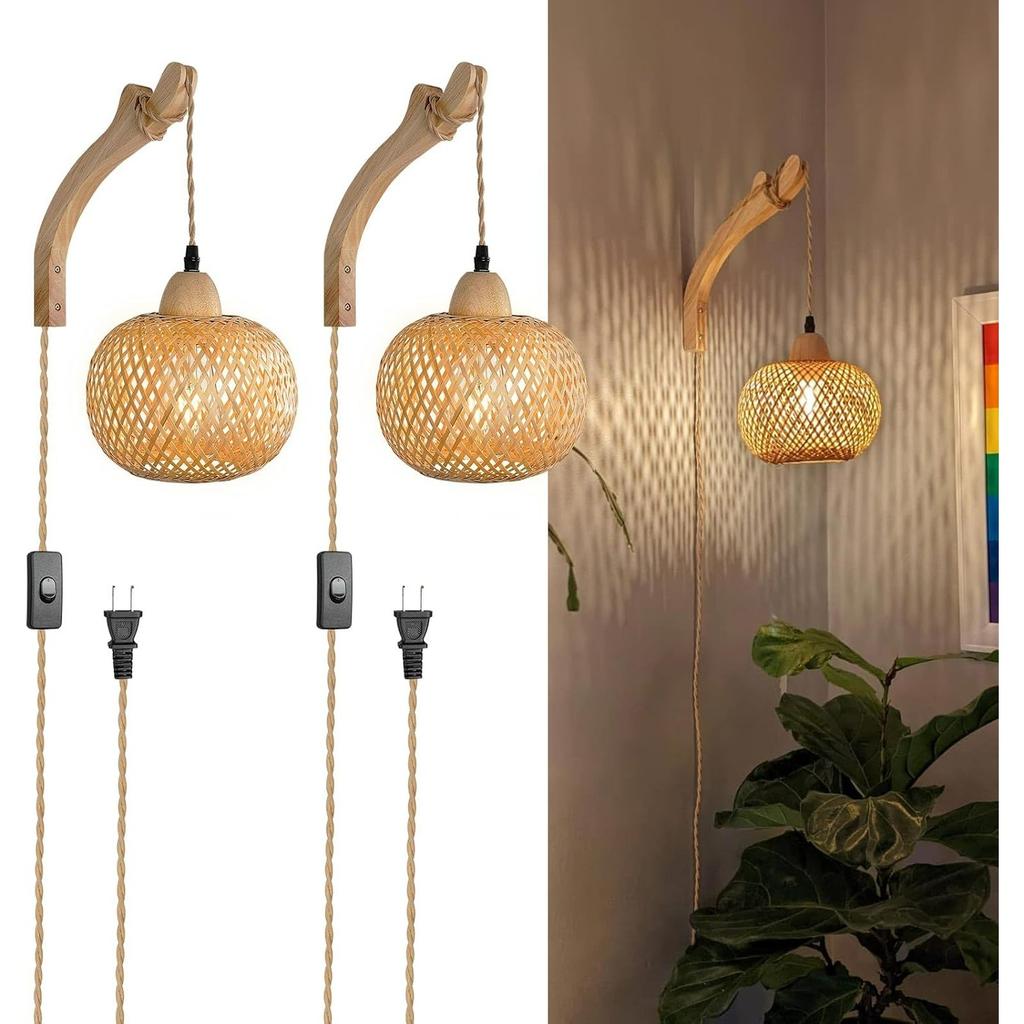 Plug In Wall Sconces Wicker Wall Lamp with Plug In Cord Hand Light Farmhouse Rustic Wall Sconces Boho Sconces Wall Lighting for Living Room Bedroom