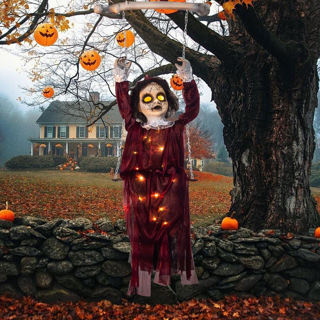 Wine Red Swing Girl Halloween Hanging Swing Chain Hanging Voice-controlled Luminous Haunted House Horror Decoration Pendant Props