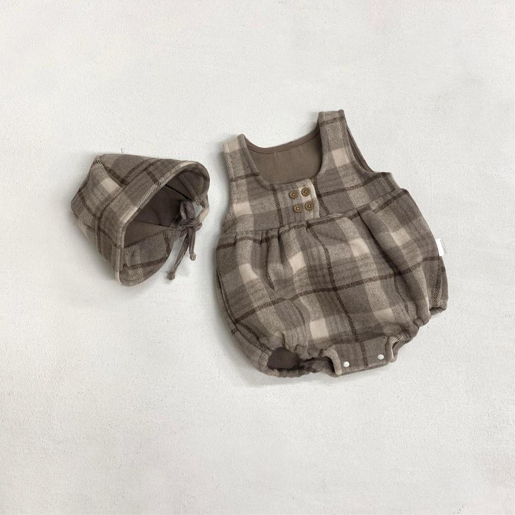 Stylish Plaid Wool Fleece-Lined Baby Girl Romper with Footie Straps