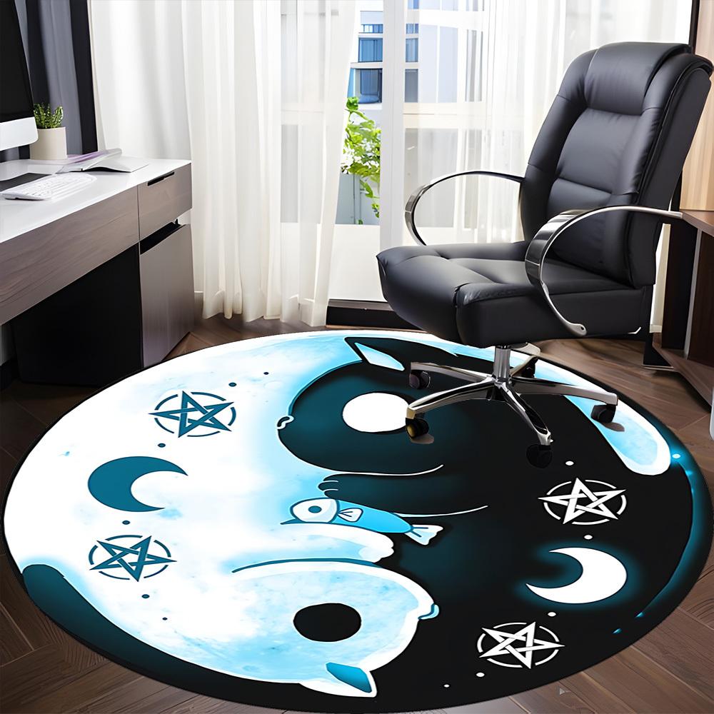 1PC Yin Yang, Moon Cat Office Round Rug, Non Slip, Soft and Durable Office Rug for Interior Decoration, Perfect for Office