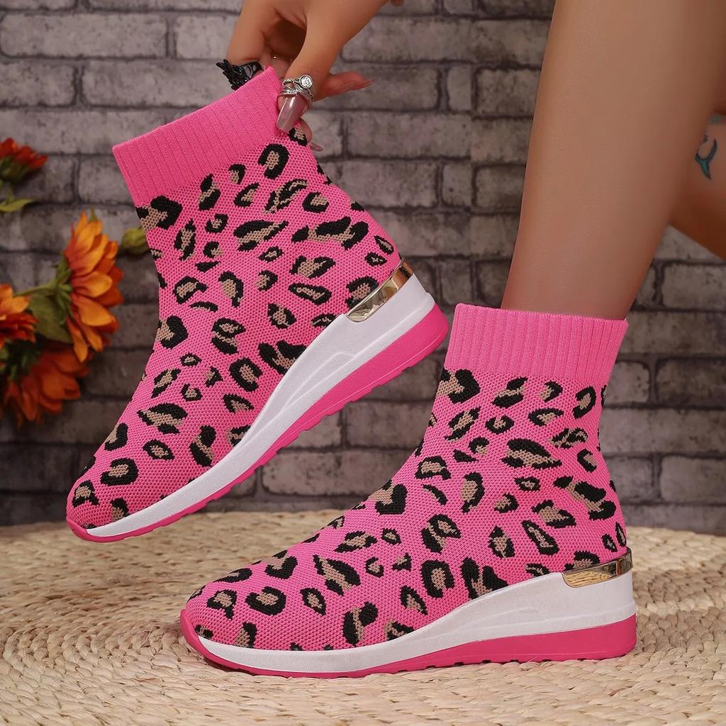 Women's Boots  New Mesh Breathable Socks Boots Thick Sole Anti Slip Color Fashion Outdoor Leopard Print Casual Shoes