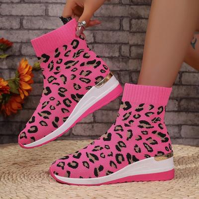 Women's Boots New Mesh Breathable Socks Boots Thick Sole Anti Slip Color Fashion Outdoor Leopard Print Casual Shoes