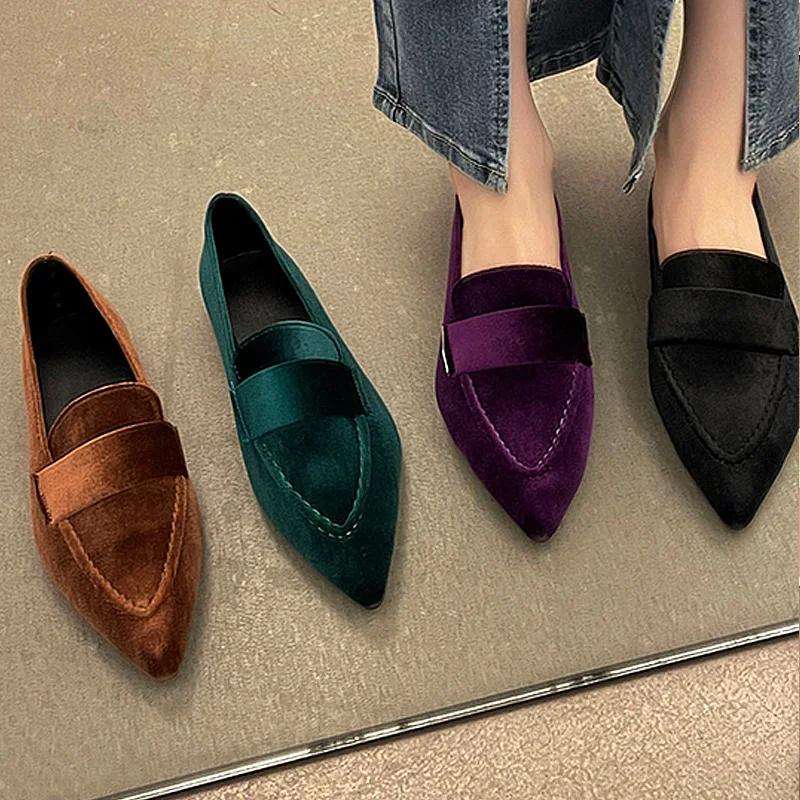 Fashion Women Luxury Velvet Moccasins Fashion Pointed Toe Loafers Ladies 2025 Spring New Leisure Purple Velour Ballet Flat Shoes Loafers