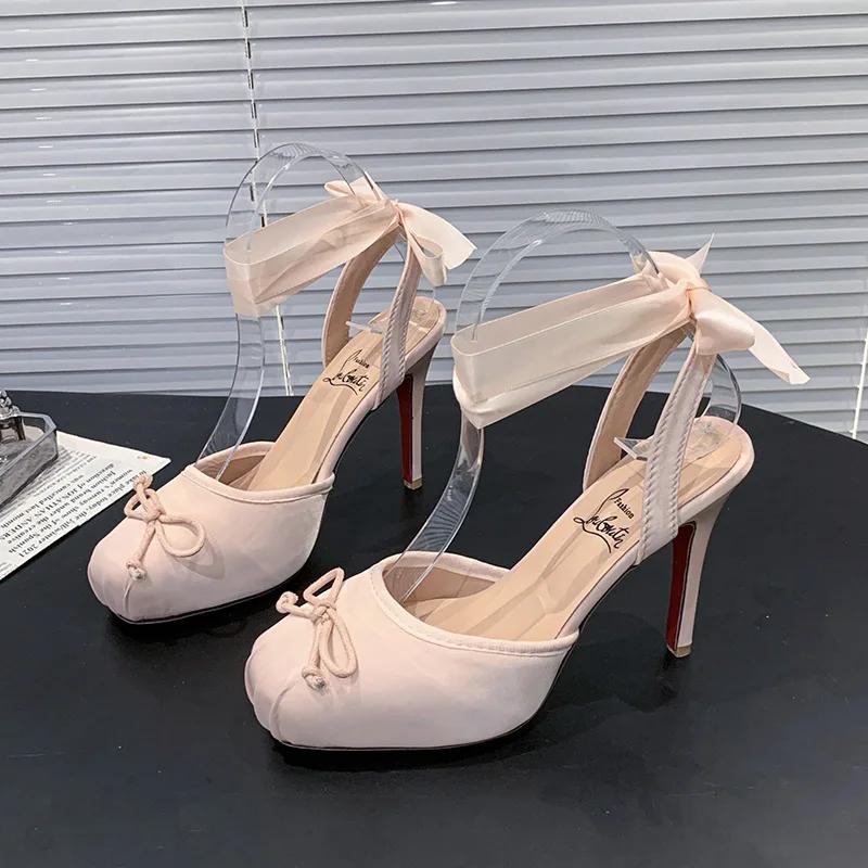 

2025Черные лакированные балетки на шнуровке Девочка Розовый Квадратный носок Бантик Каблук-стилет Ремешок на щиколотке Слингбэк Элегантные Летние Сексуальные Туфли 34 розовый