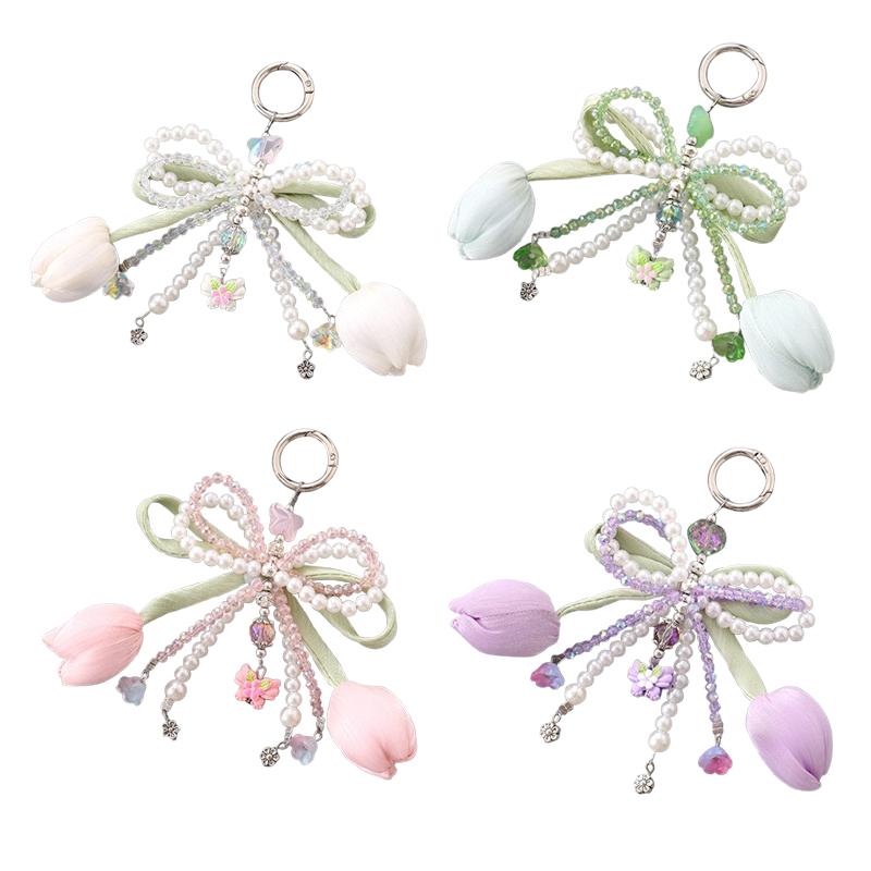 Ins Style Tulip Flower Keychain Sweet Bow Beaded Keyring Bag Pendant Earphone Case Hanging Decoration For Girls Gift