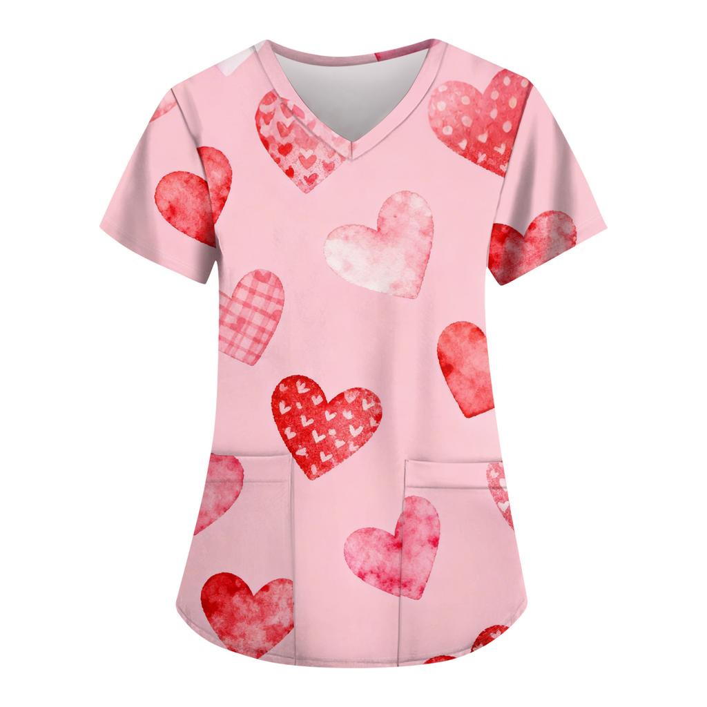 Damskie modne koszulki z krótkim rękawem i dekoltem w serek z nadrukiem i kieszeniami, do pracy