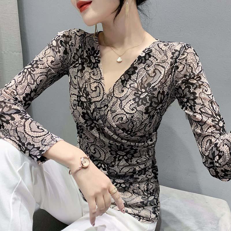 Retro Mesh Base Shirt for Women with Cross V-neck Fashionable Long-sleeved T-shirt Shirt Slim-fitting Dance Top