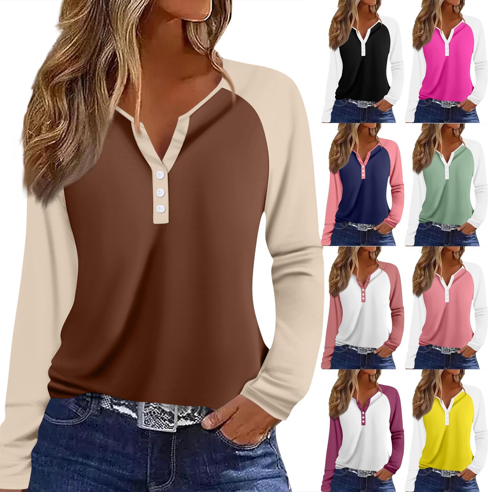 

Women s T Shirt Color Block Button Long Sleeve Daily Weekend Fashion Basic V- Neck Regular Top XL