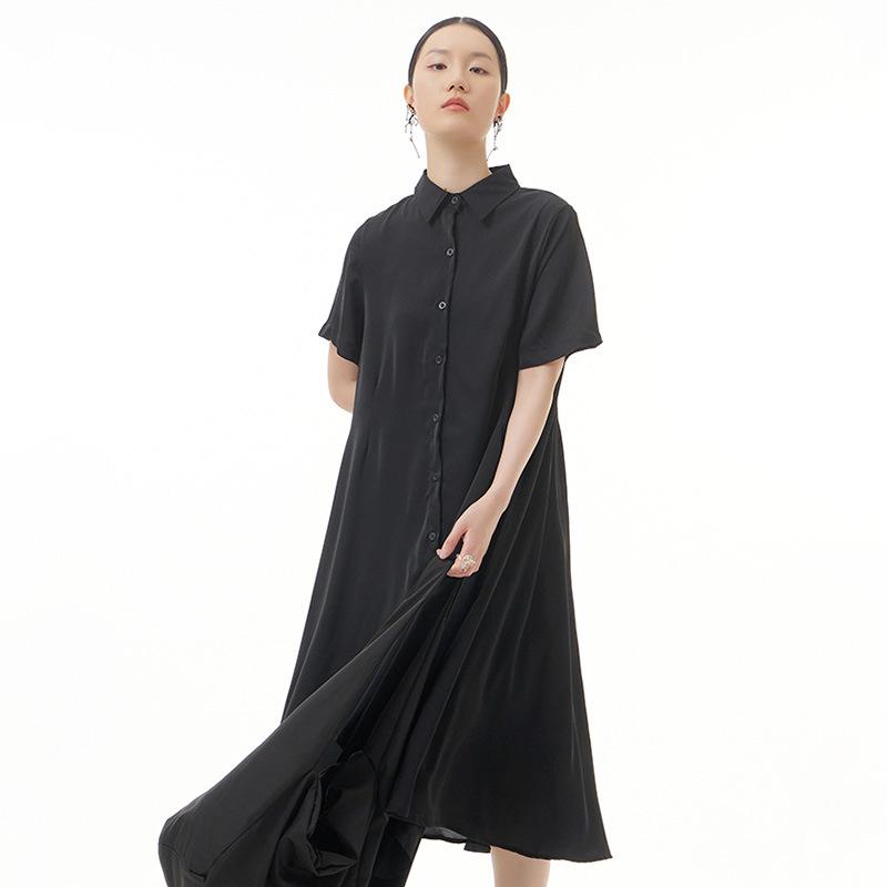Summer new large-size women's clothing pleated niche design loose and thin Yamamoto dark dress cool