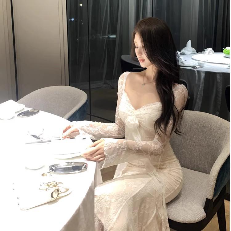 2026 French 3D Floral Ribbon Long Sleeve Lace Slimming Fishtail Formal Dress for Women