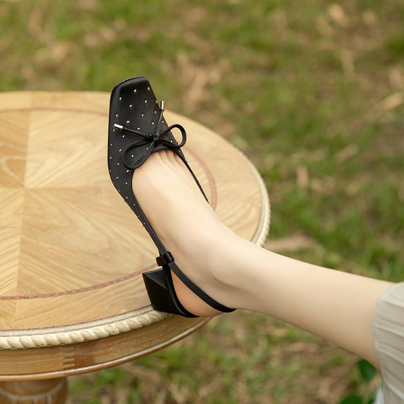 Punkte Diamant Schwarz Mary Jane Schuhe Damen Dicke Ferse Quadratische Zehenpartie Schleife Riemchen Sandalen Frühling und Sommer Neu