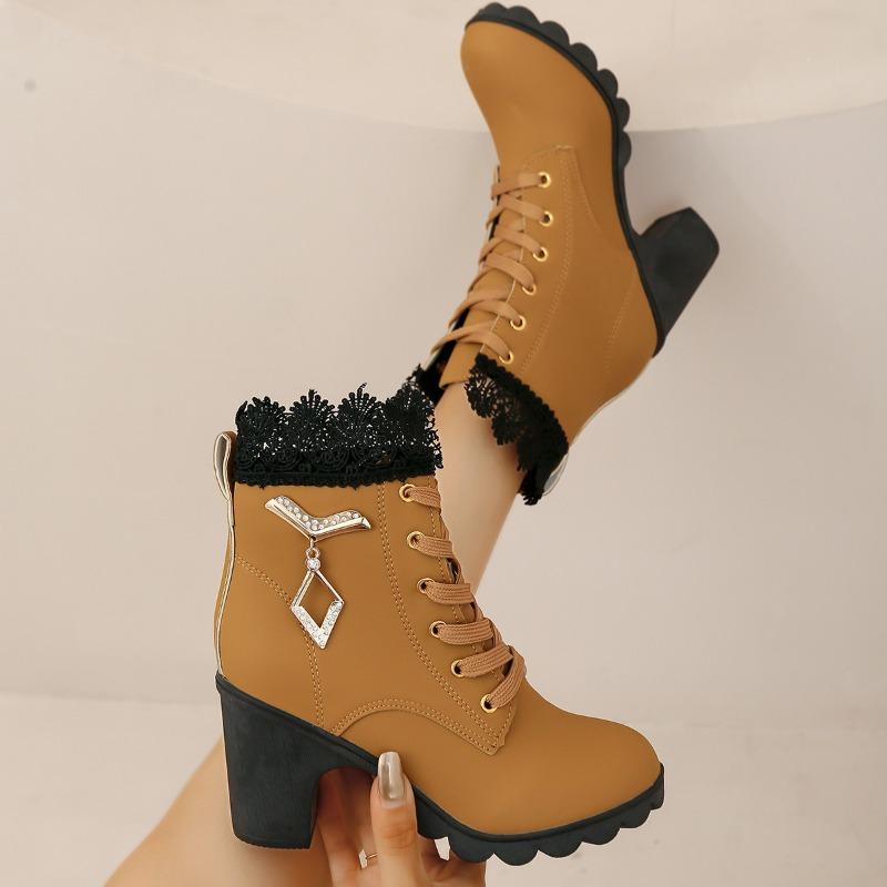 Large Size Women's Single Boots Autumn and Winter Fashion Rhinestone High Heel Fashion Boots Round Head Lace-up Thick Heel Short Boots