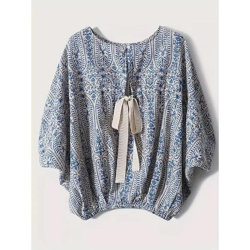 

Свежая, Модная и Универсальная Летняя Новая Женская Рубашка-Топ с Рукавами Летучая Мышь и Бантом S синий