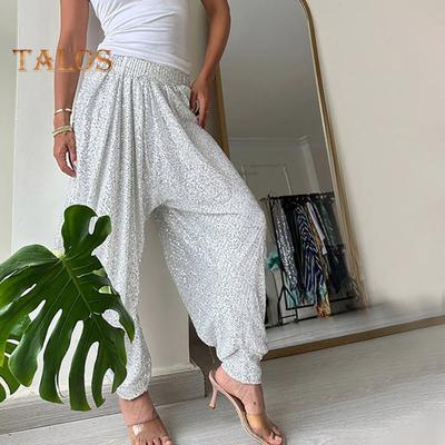 Women Spring Summer Lantern Pants Elastic Waist Wide Leg Glitter Trousers Solid Color Party Casual Bloomers Streetwear