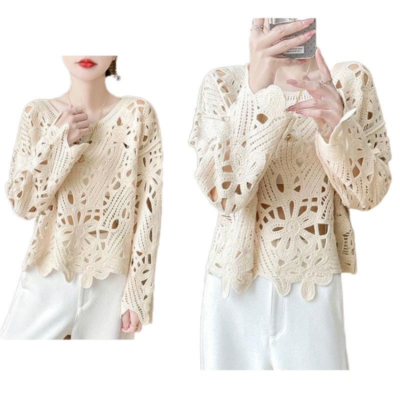 Early Autumn Heavy Industry Crocheted Hollow-Out Pullover Loose Top Long-Sleeved Sunscreen Knitted Blouse