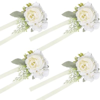 4 Pcs Peony Wrist Corsages Party Prom Flowers Bride Wristlet Band Bracelet Men Boutonnieres Set for Wedding Flowers Mother of Bride and Groom