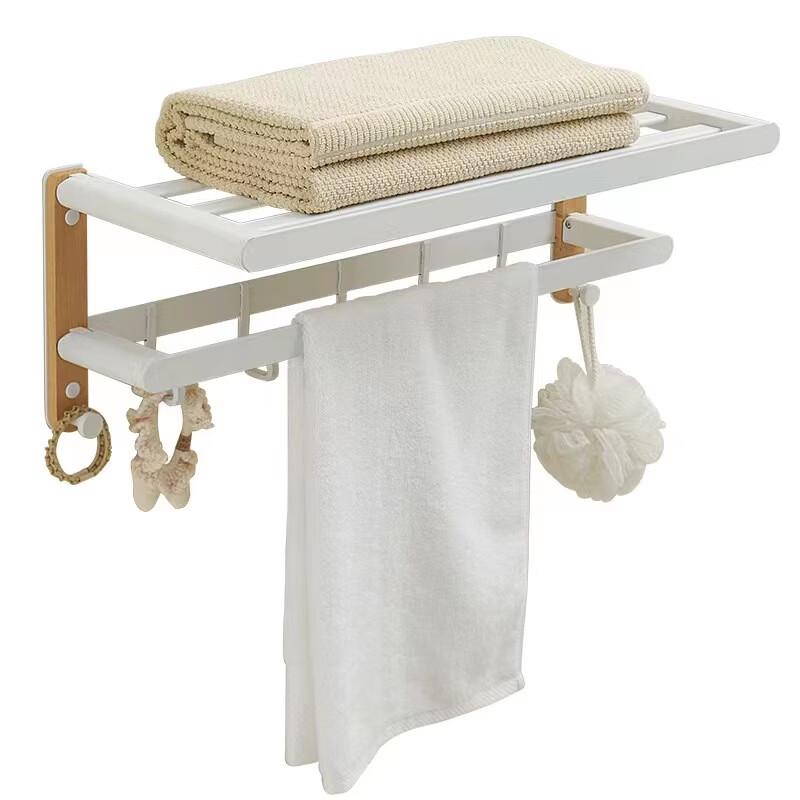 Yi Pan Foldable Double Towel Rack, Space Aluminum with Beech Wood White Style