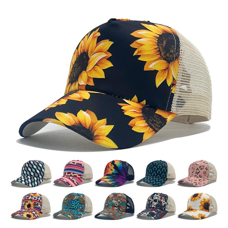 Pattern Floral Casual Wide Brim Baseball Cap Mesh Sun Hat For Outdoor Activities