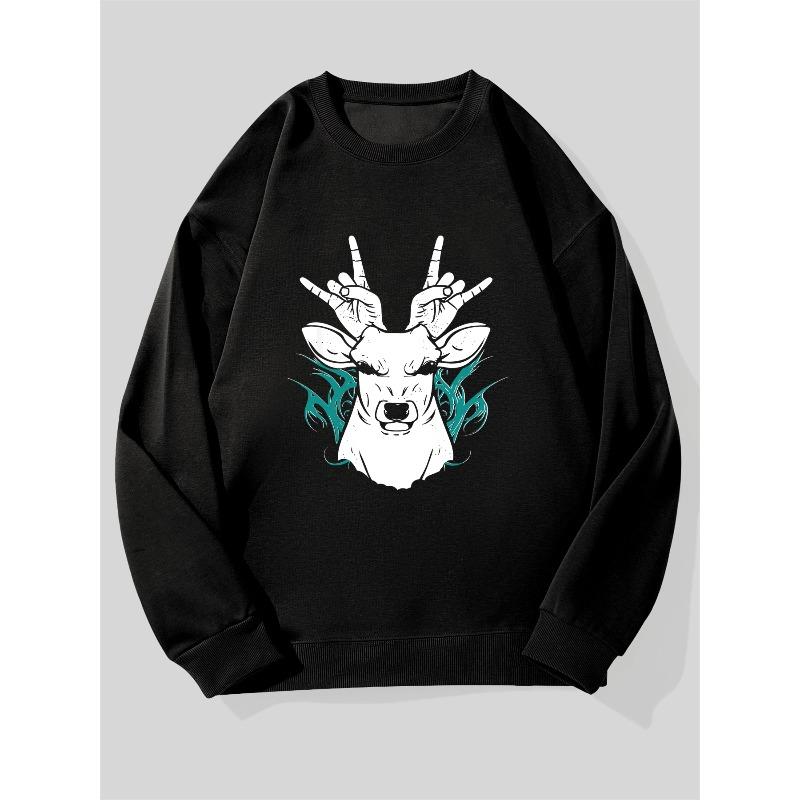 Men'S Loose-Fit Rock Hand Gesture & Deer Logo Sweater - Round Neck Pullover With Deer Graphic, For Rock Fans And Casual Attire.