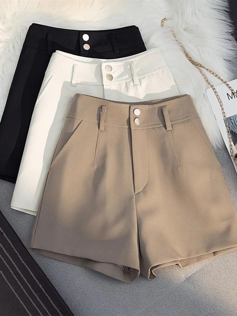 Women's White High-Waisted Wide-Leg Suit Shorts - Summer Petite Loose A-Line Hot Pants