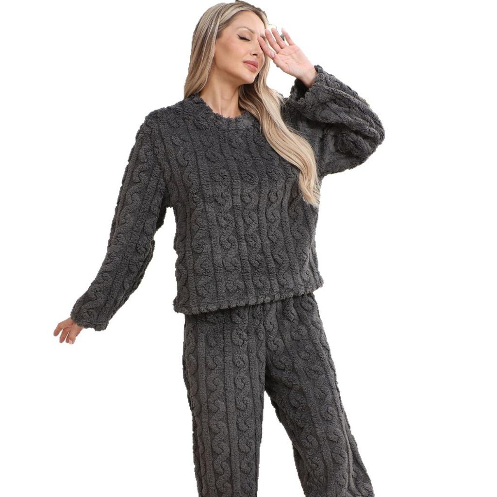Herbst Winter Warmes 2-teiliges Pyjama-Set für Damen Hauskleidung Flanell Langarm Oberteile und Hosen Hauskleidung Loungewear