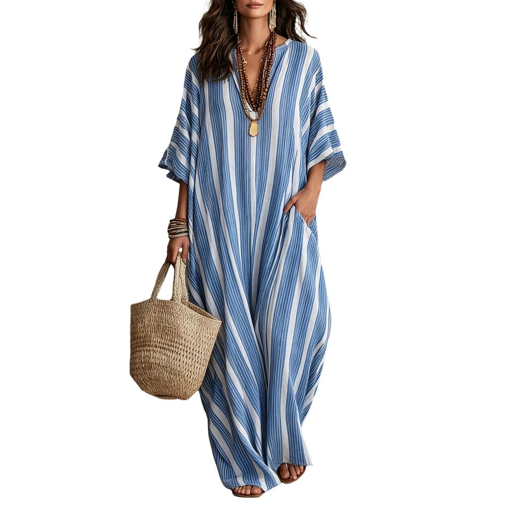 Damen gestreiftes lockeres Maxikleid in Leinenoptik mit Taschen für Urlaub Strand