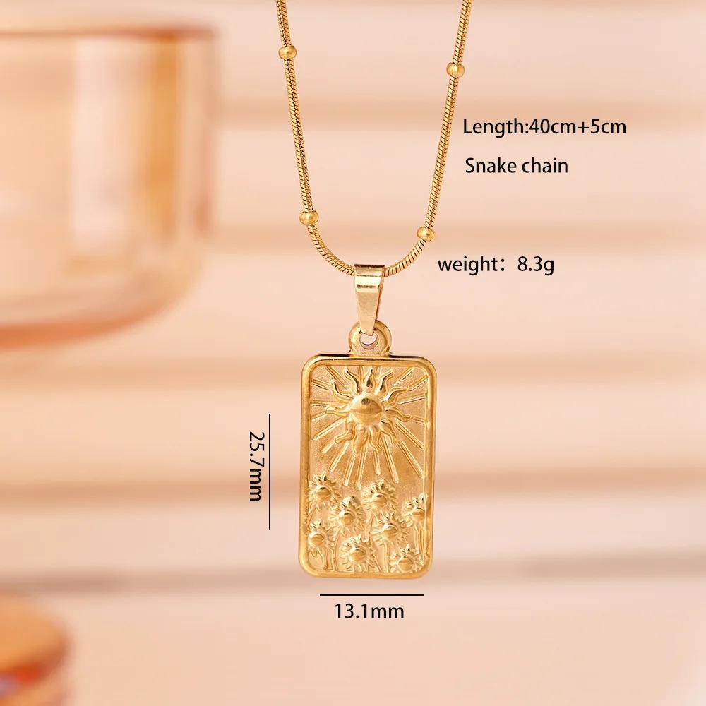 All Stainless Steel Gold Color Sun Moon Star Square Pendant Necklaces for Women Men Fashion Vintage Jewelry Gift for Friends