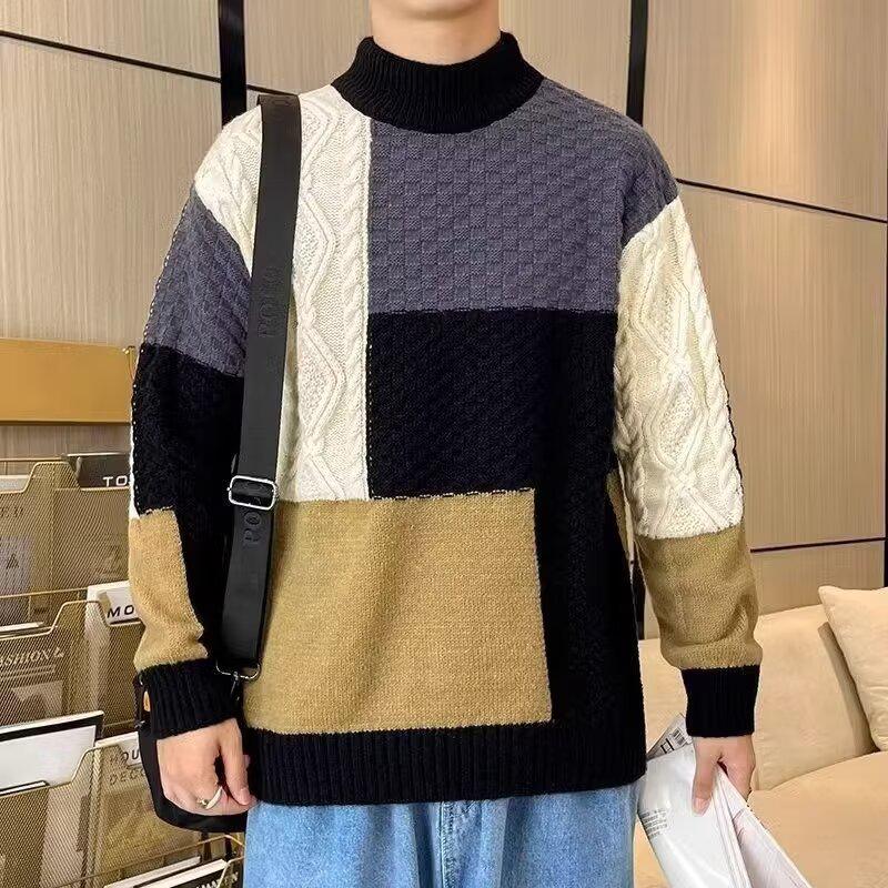 Men's Plus Size Color Block Sweater - Loose Fit, Korean Style, Round Neck Pullover for Autumn and Winter