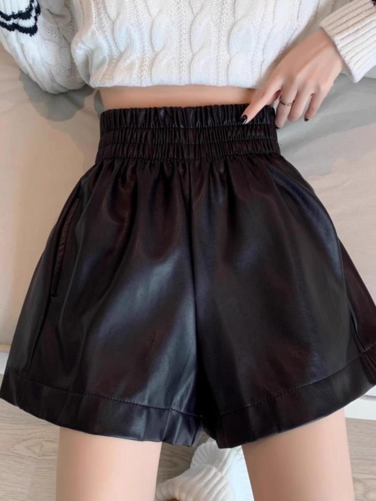 Short large taille haute en cuir PU automne/hiver 2023 – Style décontracté coréen
