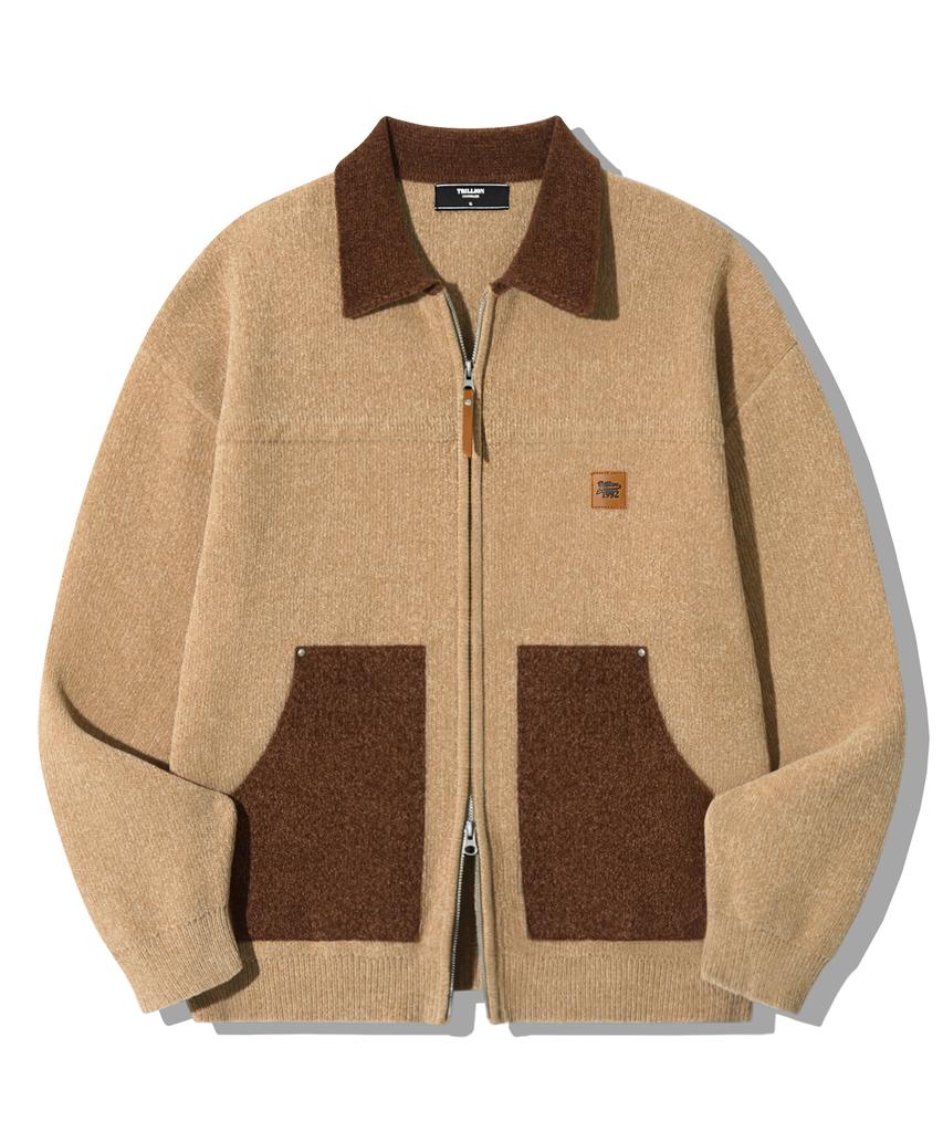 TRILLION Color Work Collar Zip-Up Knit Jacket [Beige]