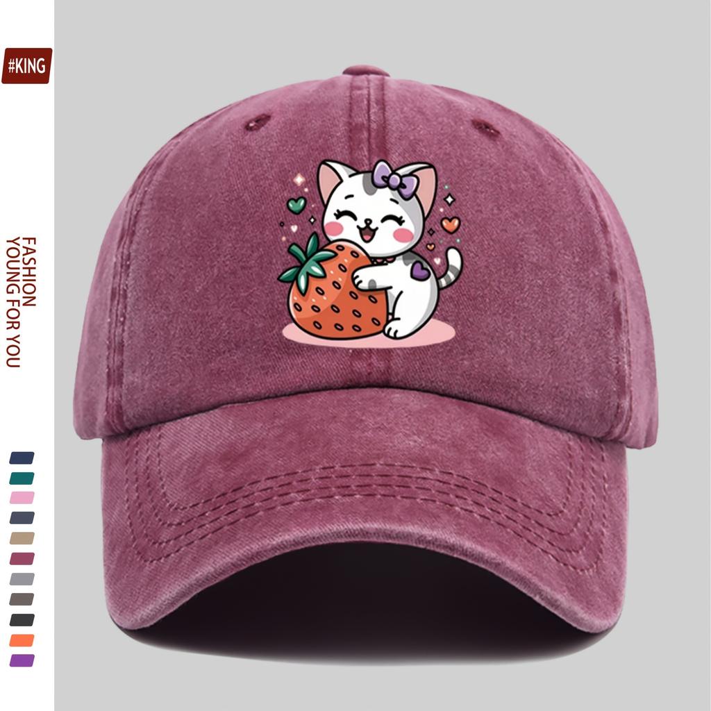 Cute Kitten Strawberry Graphic Washed Baseball Cap Denim Casual Adjustable Outdoor Dad Hat