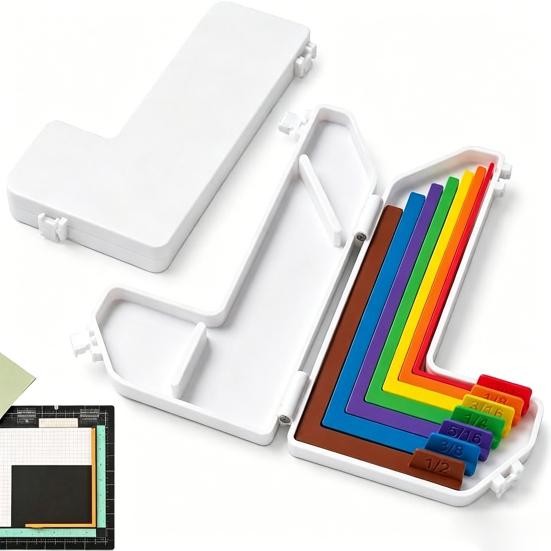 Easy-to-Carry Positioning Kit 7Pcs Paper Crafting Alignment Guides, L-Shaped Ruler Tool with Storage Box, Multi-Size Measuring Guide Scrapbooking Card