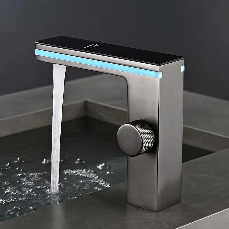 

Modern Black Single Hole Bathroom Sink Faucet with Digital Temperature Display - Battery-Free Hydraulic Power G1/2 серый