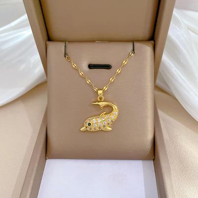 Full Diamond Dolphin Light Luxury Temperament Gorgeous Full Diamond Necklace Female Versatile Collarbone Chain Titanium Steel Chain