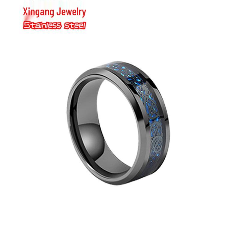 European & American Style Men's Titanium Stainless Steel Dragon Ring with Diamond Pattern