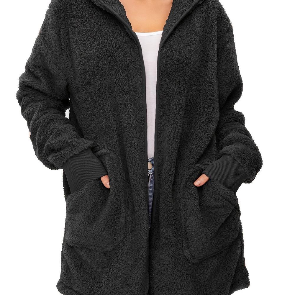 New Style Warm Women's Double-sided Plush Hooded Cardigan with Drawstring Pockets and Windproof Jacket
