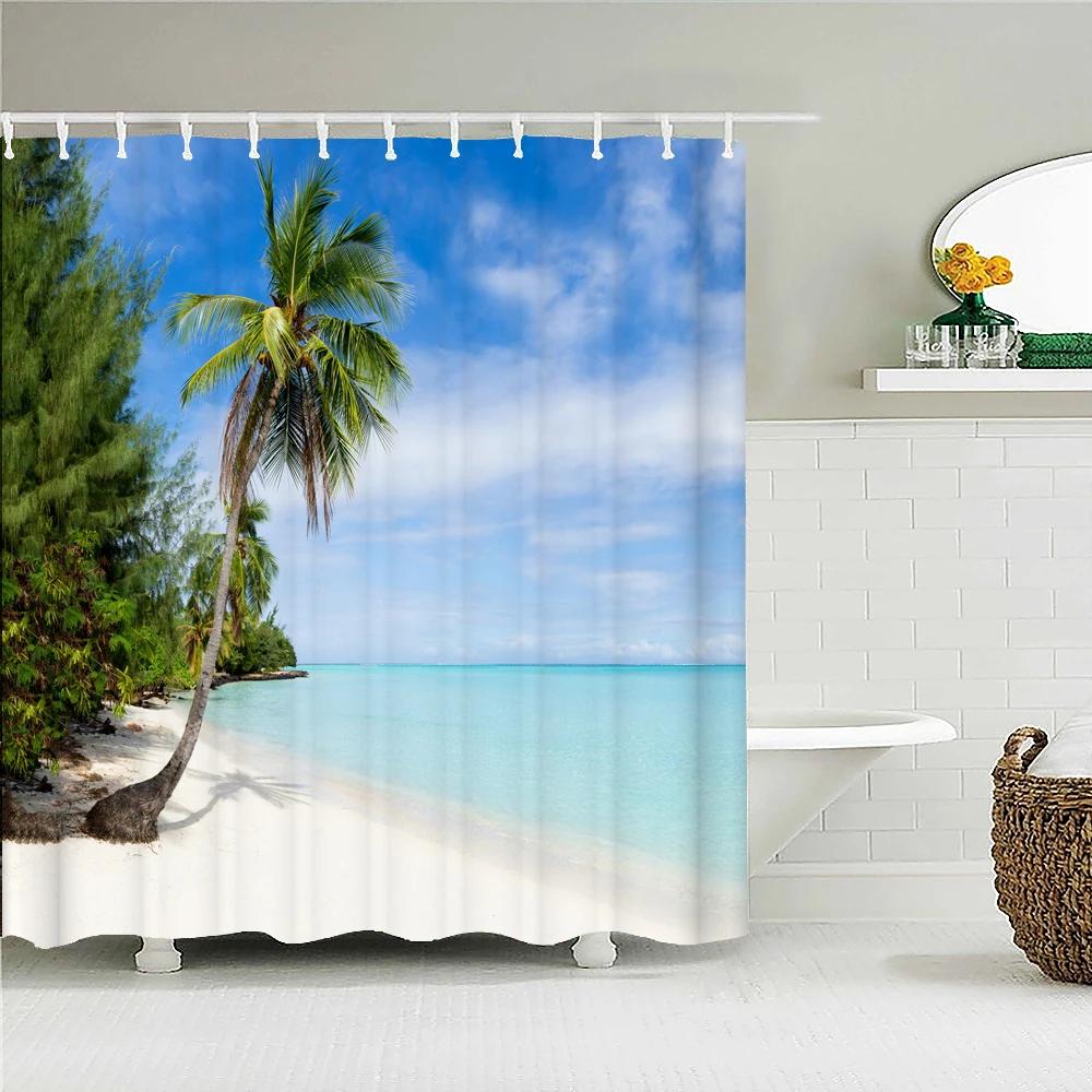 Sunny Beach Palme Meereslandschaft Stoff Duschvorhang Wasserdicht Polyester Badvorhänge für Badezimmer Dekorieren mit Haken