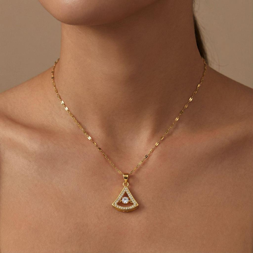 Lip Chain Micro-Paved Full Diamond Geometric Triangle Pendant Necklace for Women - Fashionable Clavicle Jewelry