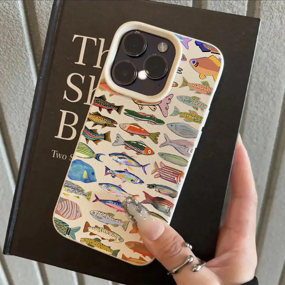 Cute Fish School Pattern Lychee Soft Phone Case For iPhone 17 16 15 14 13 12 11 Pro Max Air 15 16 Plus X XR XS Shockproof Cover