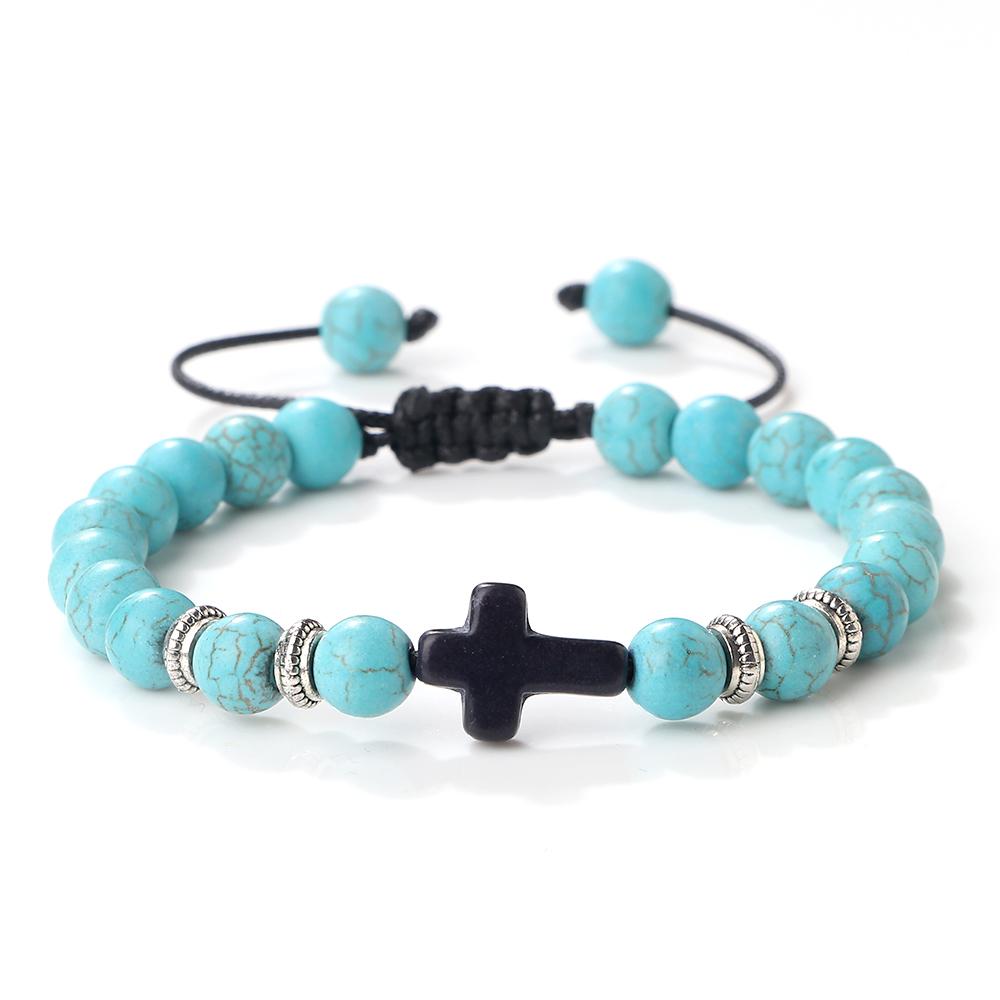 Men Women Braided Bracelet 8MM Natural Stone Christian Bless Jesus Cross Hematite Bead Bracelets Bangles Prayer Handmade Jewelry