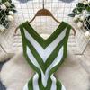 Summer Women Casual V-neck Sleeveless Knitted Tassel Striped Sweater Slim Bodycon Mini Short Sheath Dresses