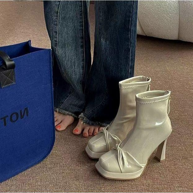 Pure desire bow high-heeled boots women's autumn new square head elegant temperament fashion short boots waterproof table