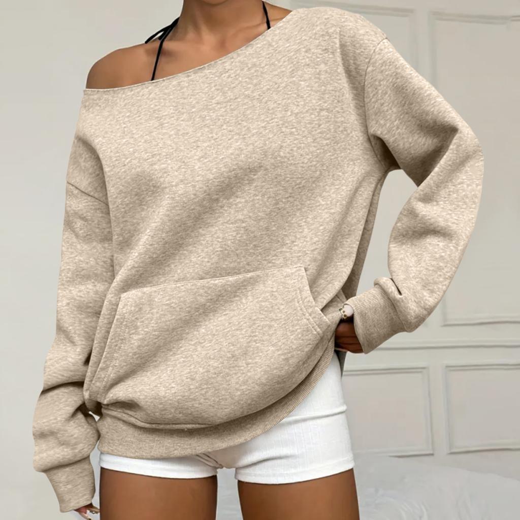 Women's Casual Fashion Solid Color Off-shoulder Long-sleeved Loose Sweatshirt With Pockets