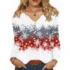 Women's Fashionable Casual V-neck Blouse Button Christmas Printed Long-sleeved Pullover T-shirt Top