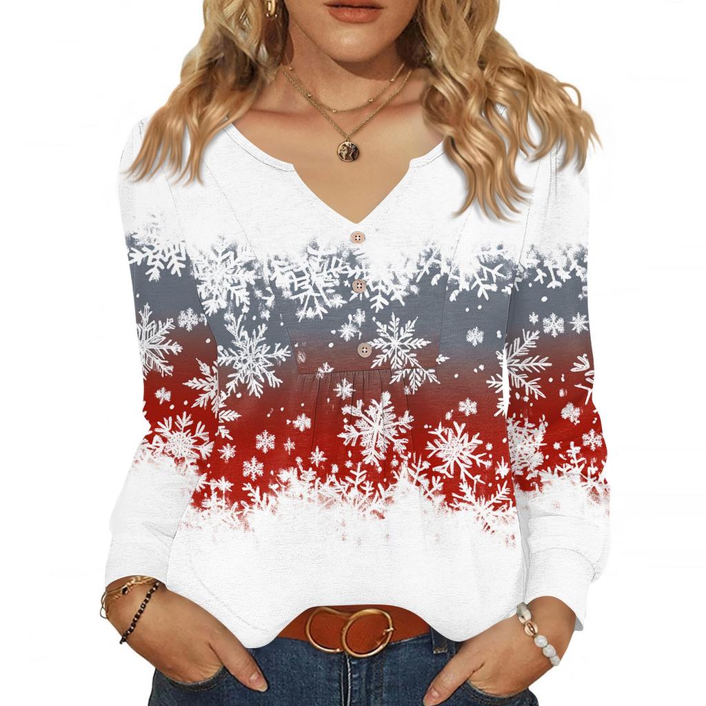 Women's Fashionable Casual V-neck Blouse Button Christmas Printed Long-sleeved Pullover T-shirt Top
