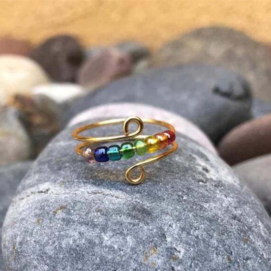 Yousheng Women Ring Rotatable Adjustable Opening Design Geometric Electroplating Anti Stress Gifts Colorful Rainbow Beads Anxiety Spinner Ring Jewelry